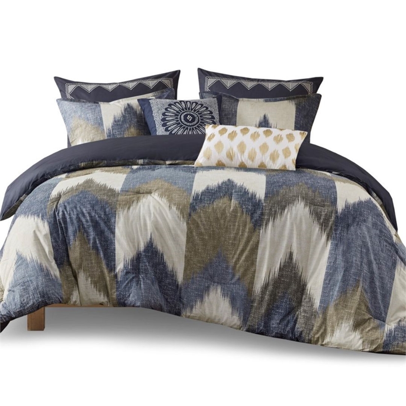INK+IVY Mid-Century Cotton Printed Comforter Bedding Set in Navy Finish