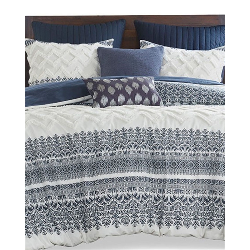 INK+IVY Mila 3-piece Cotton Printed Duvet Cover Set with Chenille in Navy
