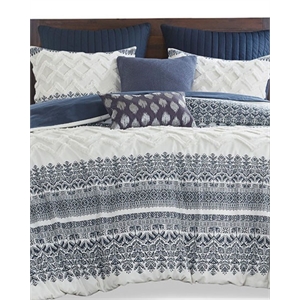 INK+IVY Mila 3-piece Cotton Printed Duvet Cover Set with Chenille in Navy
