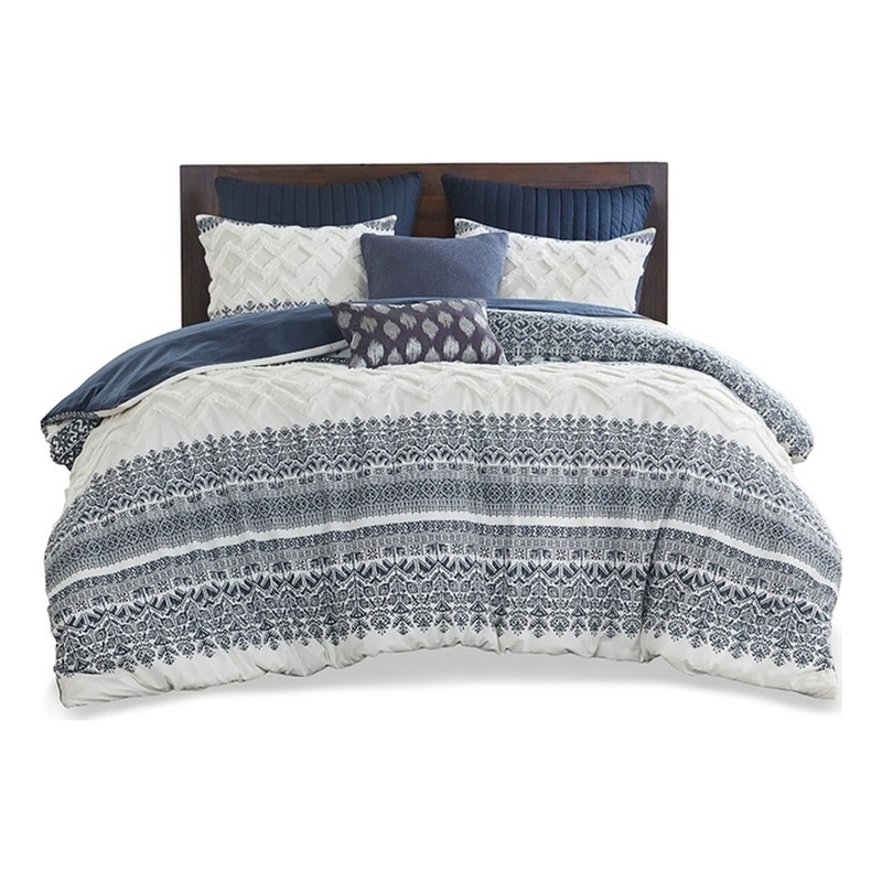INK+IVY Mila 3-piece Cotton Printed Duvet Cover Set with Chenille in Navy