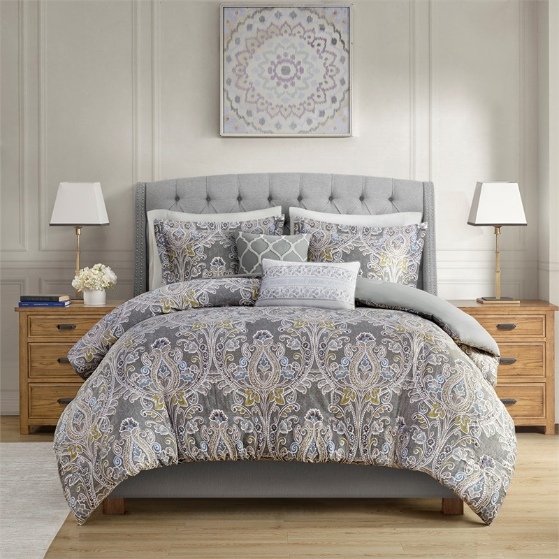 Harbor House Hallie 5-Piece Cotton Sateen Printed Duvet Set in Gray
