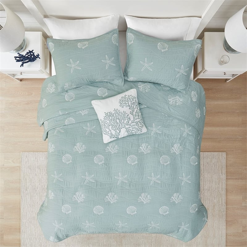 Harbor House Seaside Cotton Percale Coverlet Set with Embroidery in Green