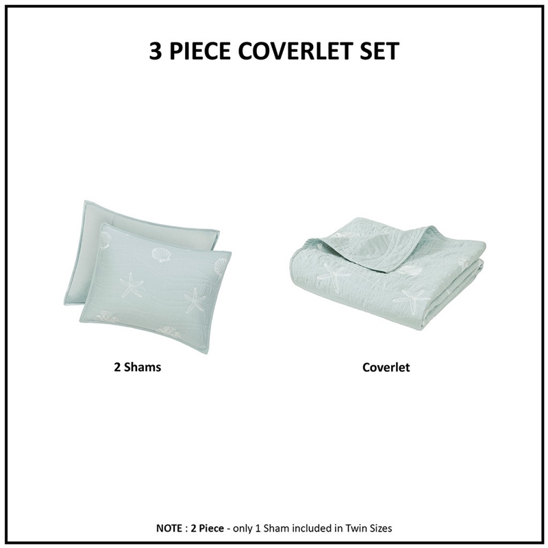 Harbor House Seaside Cotton Percale Coverlet Set with Embroidery in Green
