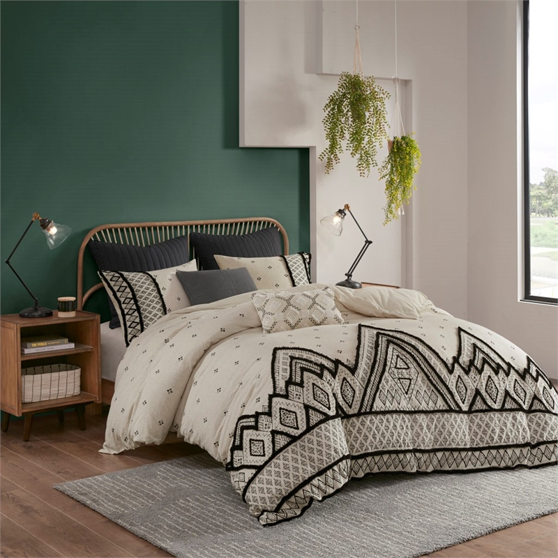 INK+IVY Marta 3-piece Cotton and Flax Printed Duvet Cover Set in Natural