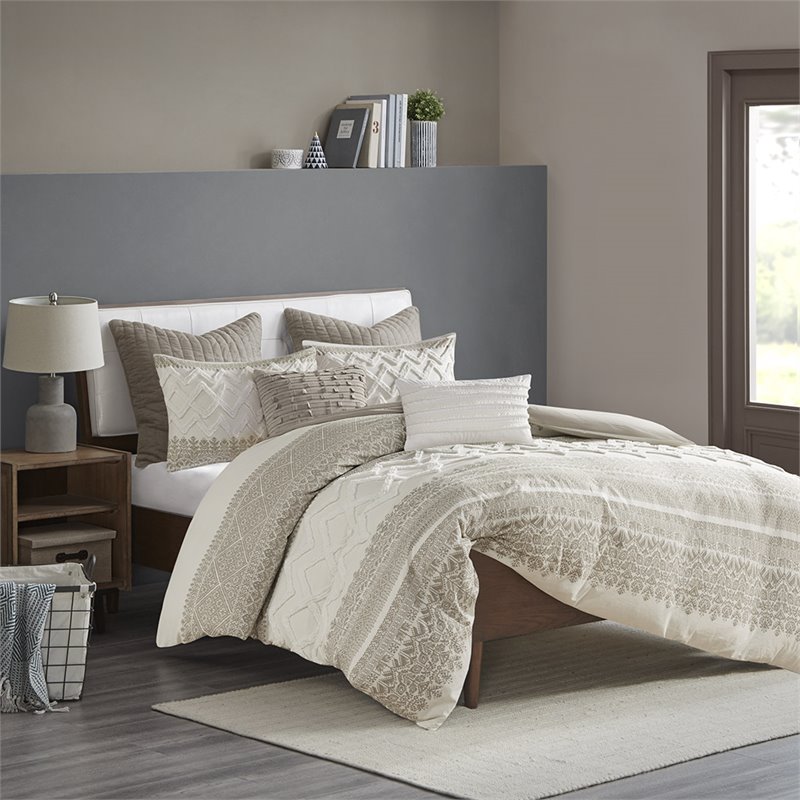 INK+IVY Mila 3-piece Cotton Full/Queen Duvet Cover Set with Chenille in Brown