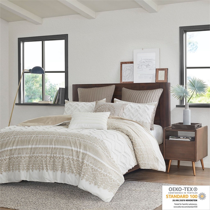 INK+IVY Mila 3-piece Cotton Printed Duvet Cover Set with Chenille - Taupe Brown