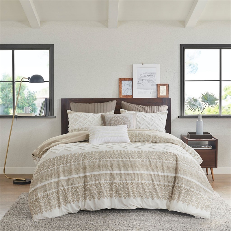 INK+IVY Mila 3-piece Cotton Printed Duvet Cover Set with Chenille - Taupe Brown