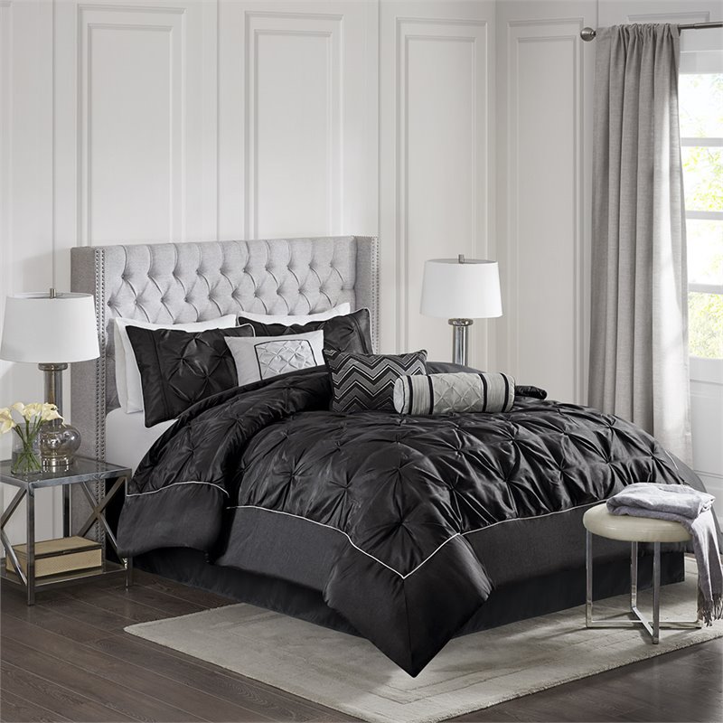 Madison Park Laurel 7-piece Farmhouse Polyester Polyoni Comforter Set in Black