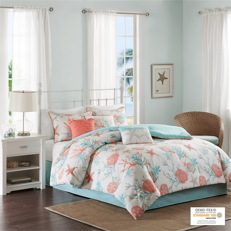 Madison Park Pebble Beach 7-piece Cotton Sateen Comforter Set in Coral Pink
