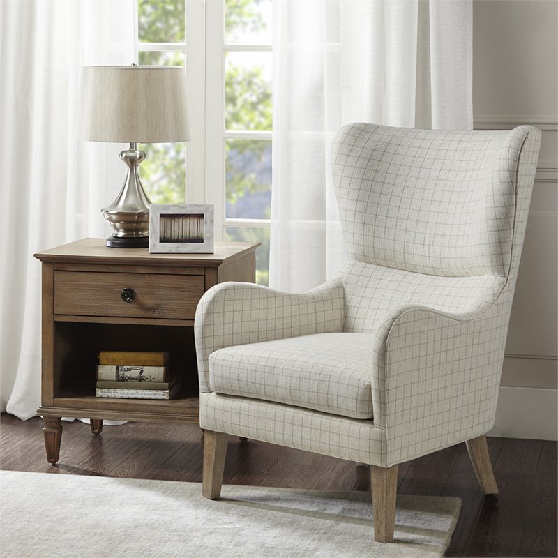 Madison Park Arianna Solid Wood Polyester Swoop Wing Chair in Linen White