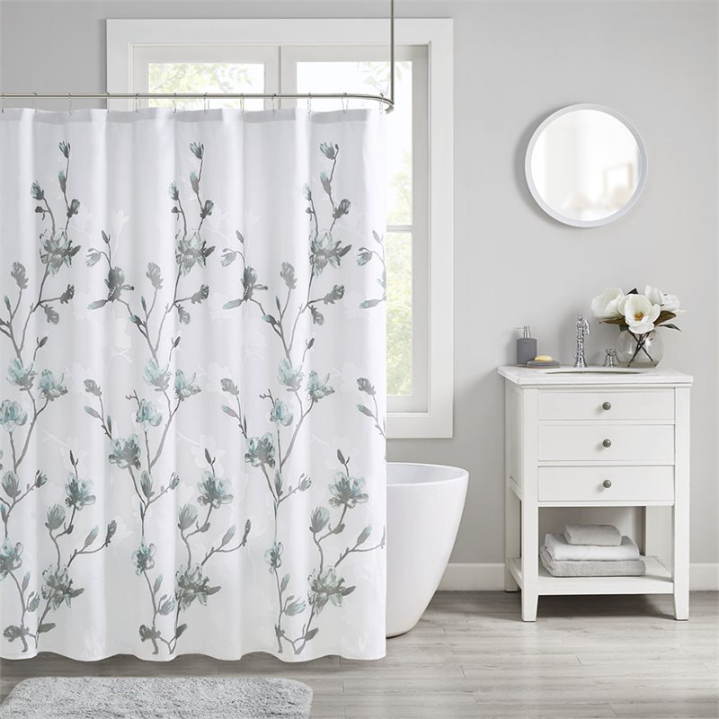 Madison Park Magnolia Rayon Polyester Printed Burnout Shower Curtain - Aqua Blue
