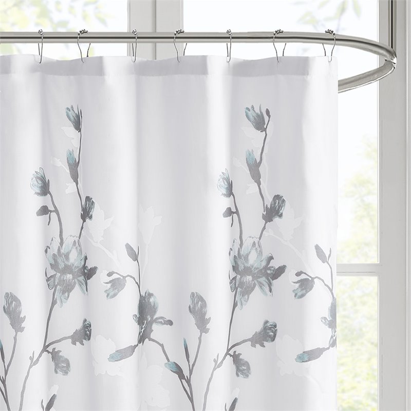 Madison Park Magnolia Rayon Polyester Printed Burnout Shower Curtain - Aqua Blue