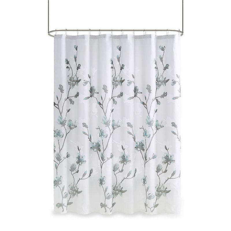 Madison Park Magnolia Rayon Polyester Printed Burnout Shower Curtain - Aqua Blue