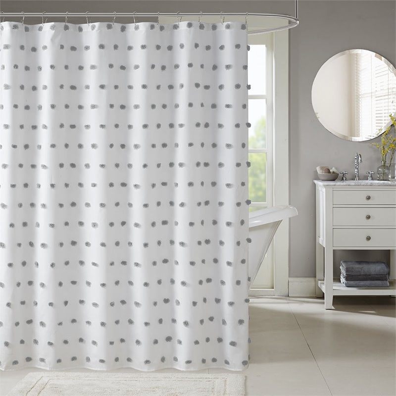 Madison Park Sophie Polyester Clip Shower Curtain in Gray/White