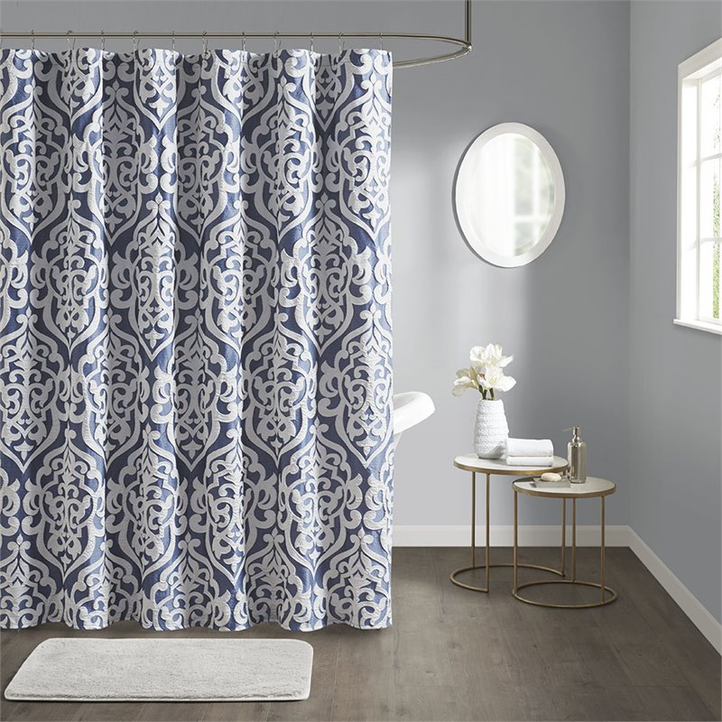 Madison Park Odette Polyester Jacquard Shower Curtain in Navy