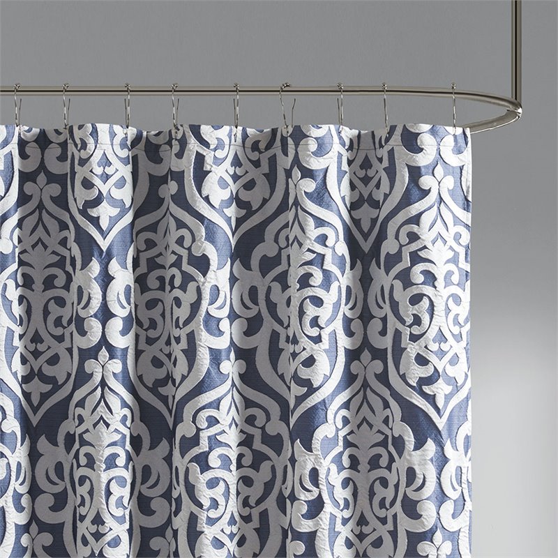 Madison Park Odette Polyester Jacquard Shower Curtain in Navy