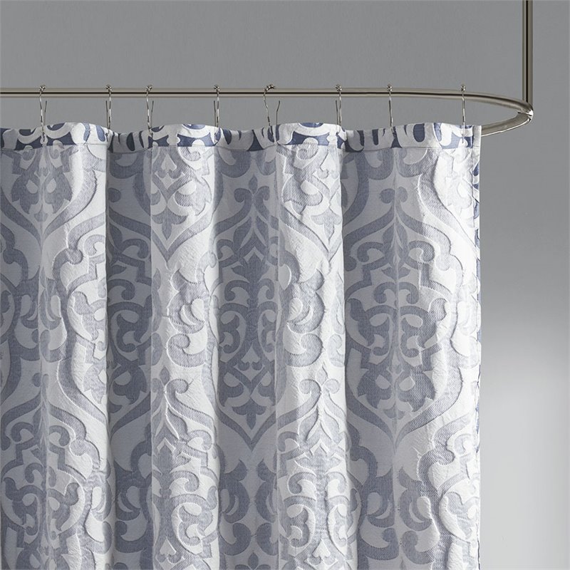 Madison Park Odette Polyester Jacquard Shower Curtain in Navy