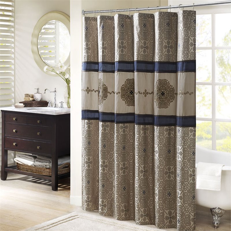 Madison Park Donovan Polyester Jacquard Shower Curtain in Navy