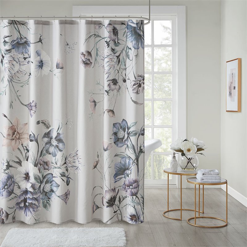 Madison Park Cassandra Contemporary Cotton Fabric Printed Shower Curtain in Blue