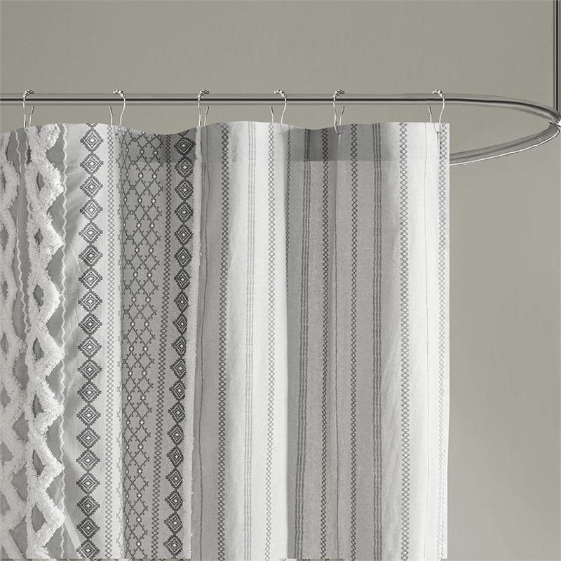 INK+IVY Imani Cotton Printed Shower Curtain with Chenille Stripe in Gray