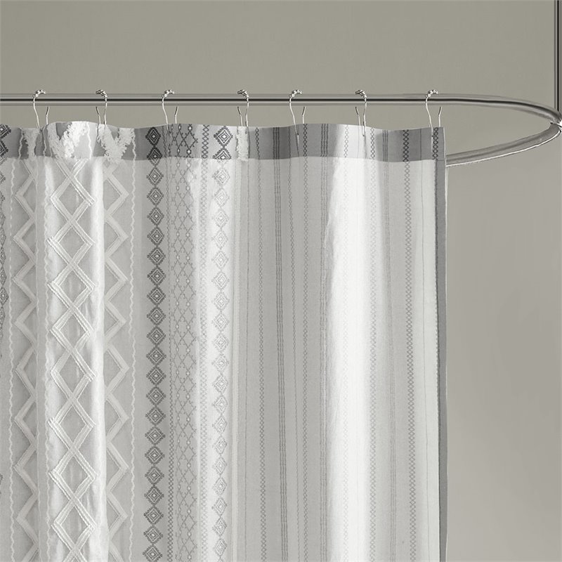 INK+IVY Imani Cotton Printed Shower Curtain with Chenille Stripe in Gray