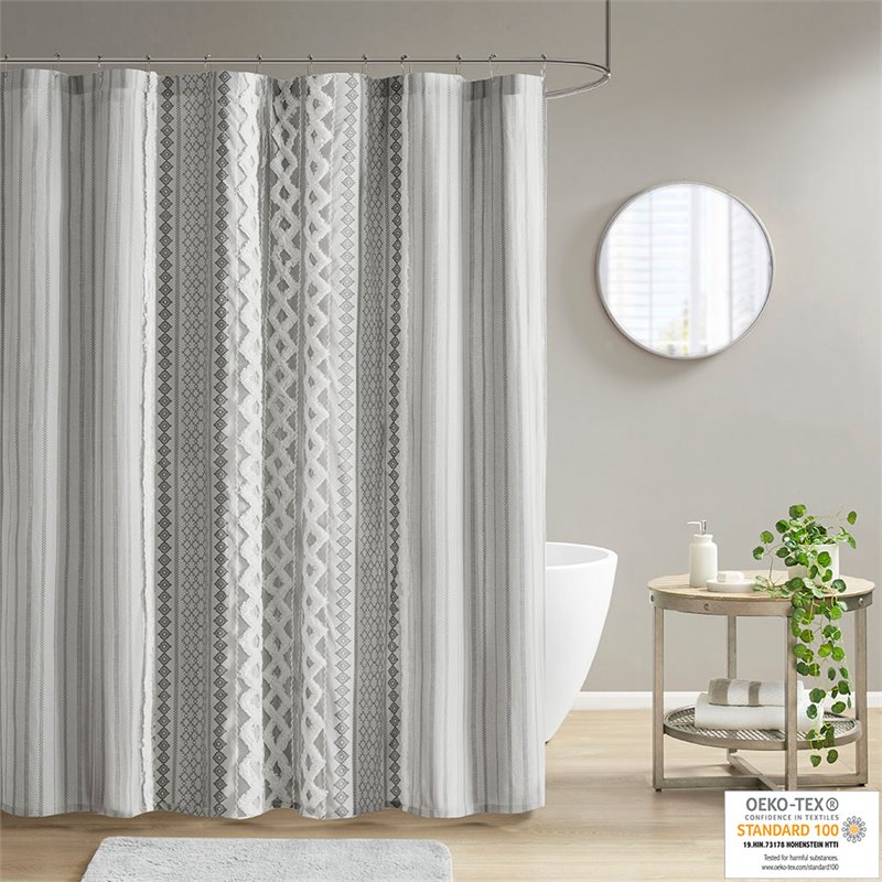 INK+IVY Imani Cotton Printed Shower Curtain with Chenille Stripe in Gray
