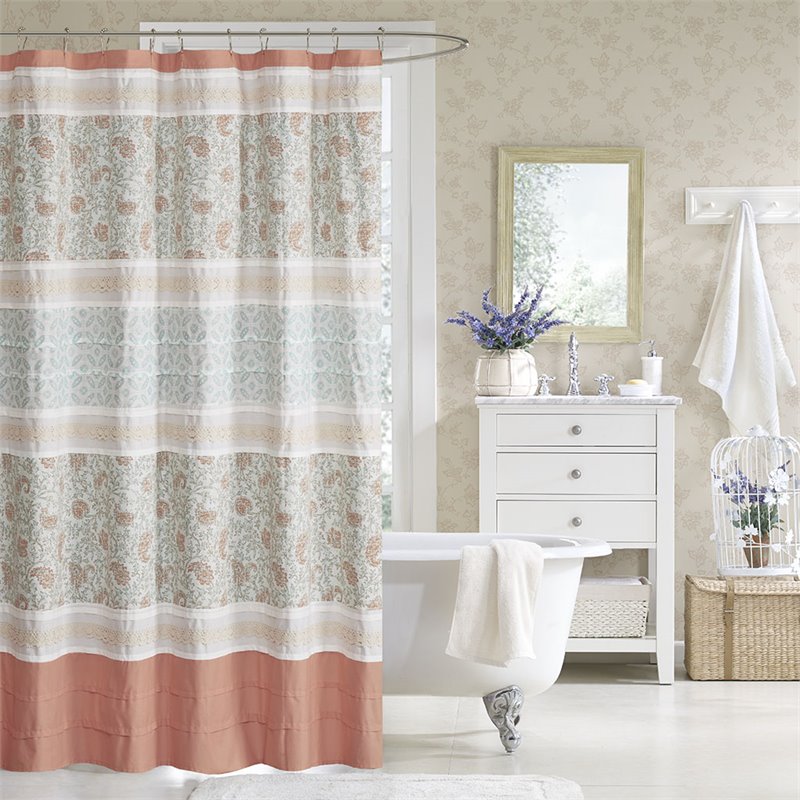 Madison Park Dawn Cotton Percale Printed Pieced Shower Curtain in Coral Pink