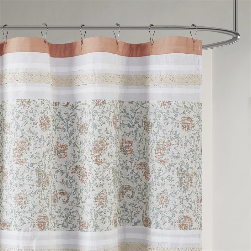 Madison Park Dawn Cotton Percale Printed Pieced Shower Curtain in Coral Pink