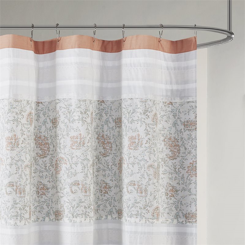 Madison Park Dawn Cotton Percale Printed Pieced Shower Curtain in Coral Pink