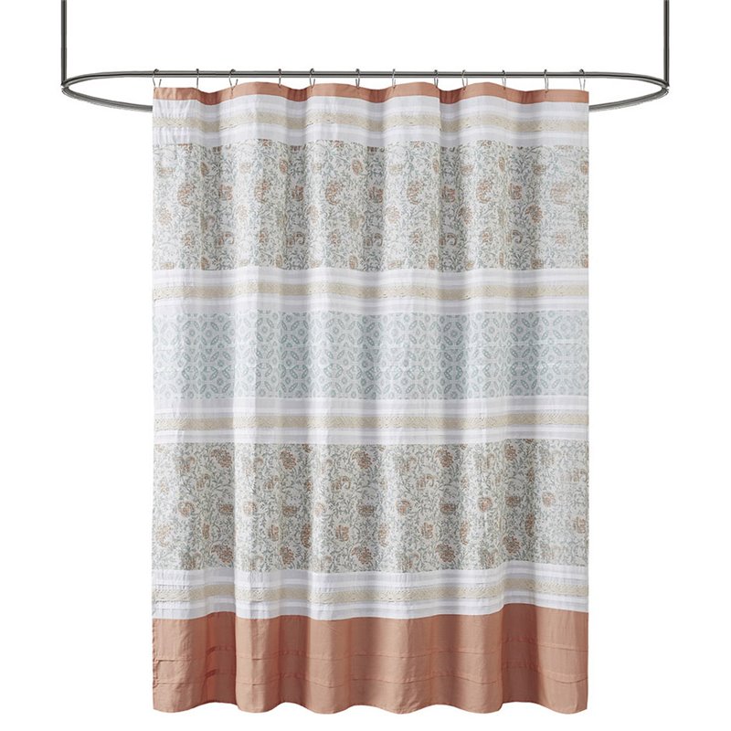 Madison Park Dawn Cotton Percale Printed Pieced Shower Curtain in Coral Pink