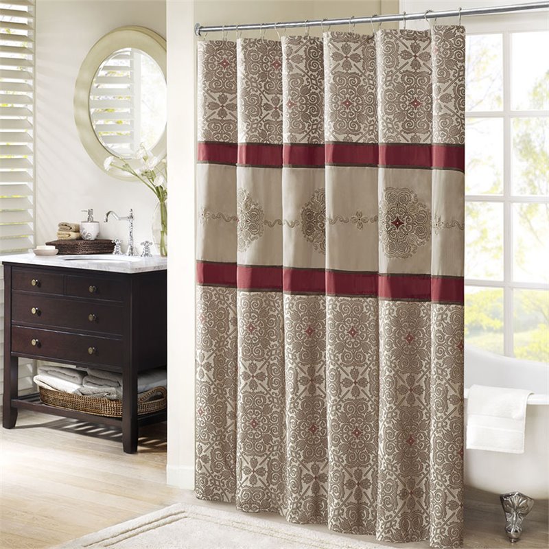 Madison Park Donovan Polyester Jacquard Shower Curtain w/ Embroidery in Red