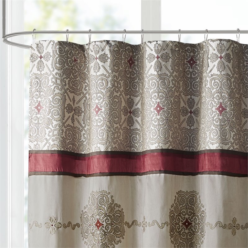 Madison Park Donovan Polyester Jacquard Shower Curtain w/ Embroidery in Red