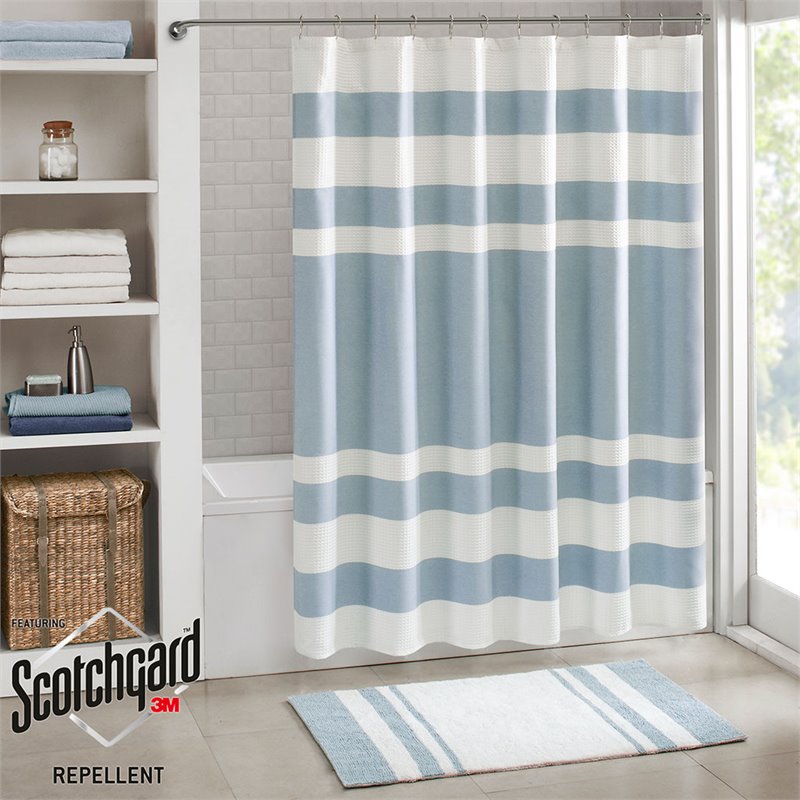 Madison Park Spa Waffle Weave Woven Polyester Shower Curtain in Blue
