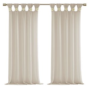 Madison Park Rosette Faux Linen Fabric Floral Cuff Tab Top Window Panel in Cream