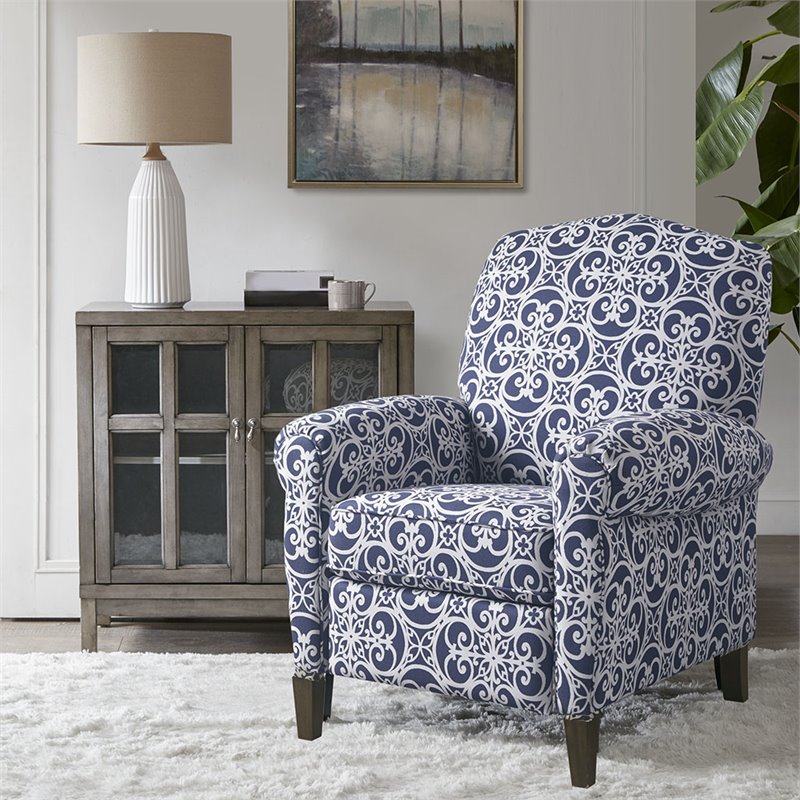 Madison Park Kirby Polyester Fabric and Solid Wood Push Back Recliner in Navy
