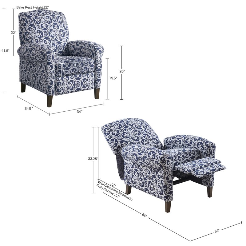 Madison Park Kirby Polyester Fabric and Solid Wood Push Back Recliner in Navy