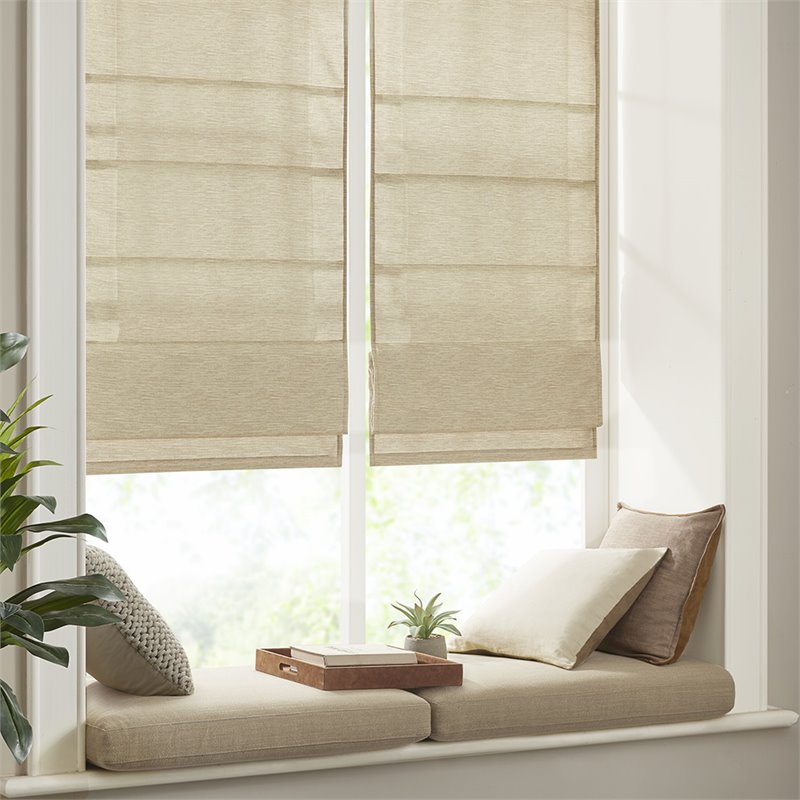 Madison Park Como Faux Silk Room Darkening Cordless Roman Shade in Taupe Beige