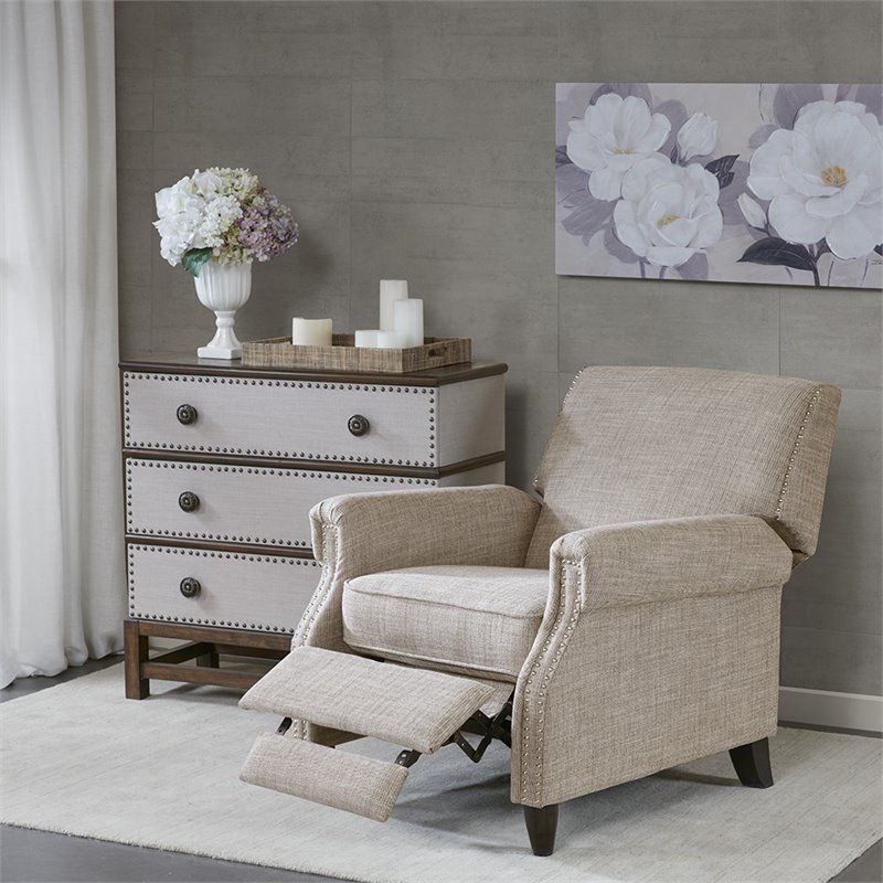 Madison Park Julian Polyester Fabric and Solid Wood Push Back Recliner in Beige
