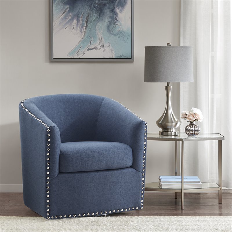 Madison Park Tyler Solid Wood and Polyester Fabric Swivel Chair in Blue
