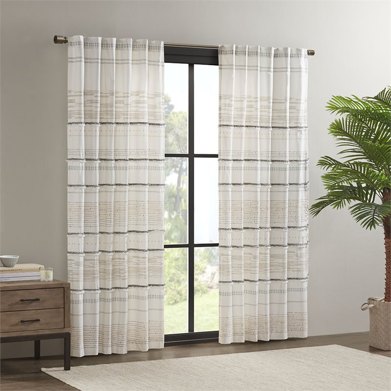 INK+IVY Nea Cotton Printed Window Curtain Panel with Lining in Off White/Gray