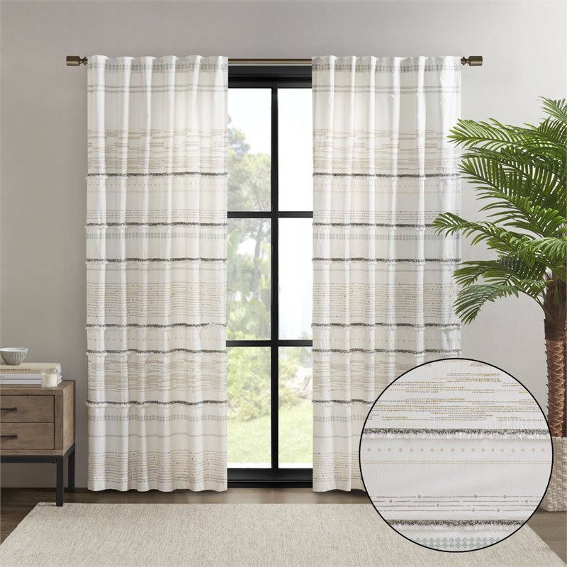 INK+IVY Nea Cotton Printed Window Curtain Panel with Lining in Off White/Gray