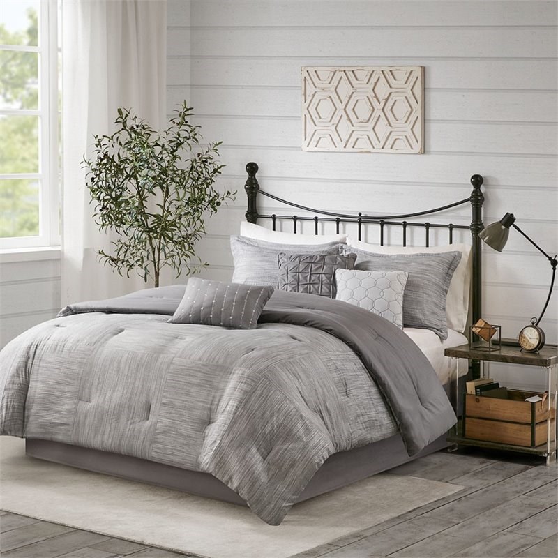Madison Park Walter 7-Piece Polyester Printed Seersucker Comforter Set in Gray