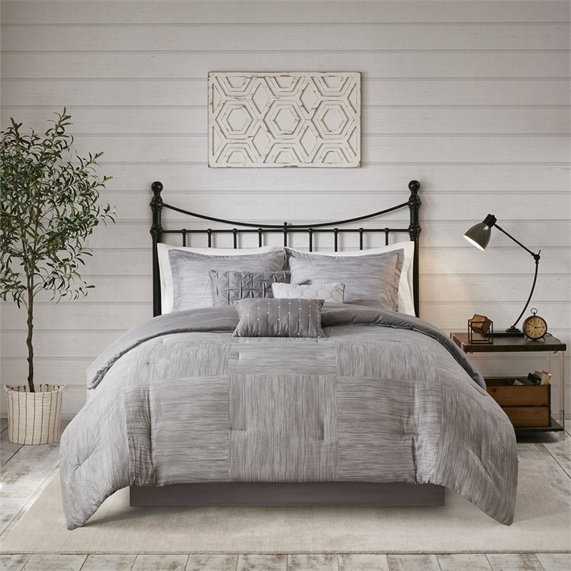 Madison Park Walter 7-Piece Polyester Printed Seersucker Comforter Set in Gray