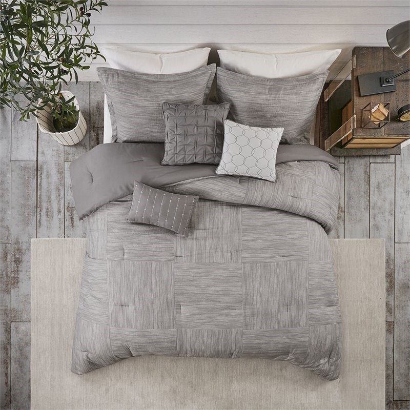 Madison Park Walter 7-Piece Polyester Printed Seersucker Comforter Set in Gray