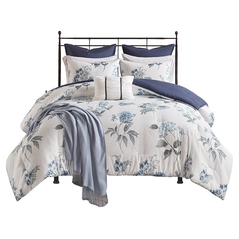 Madison Park Zennia 7-Piece Polyester Comforter Set with Throw Blanket in Blue