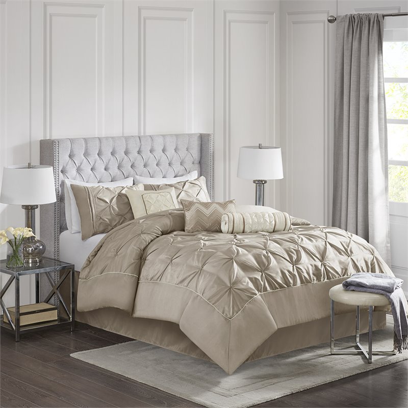 Madison Park Laurel 7-Piece 100 Percent Polyester Polyoni Set w/ Pleats in Beige