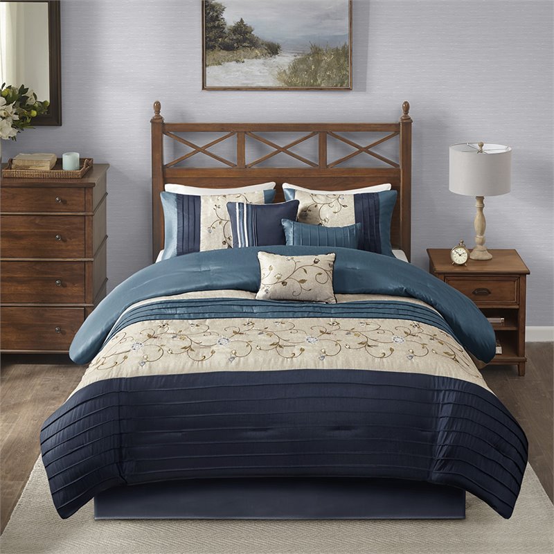Madison Park Serene 7-Piece 100 Percent Polyester Polyoni Comforter Set in Navy