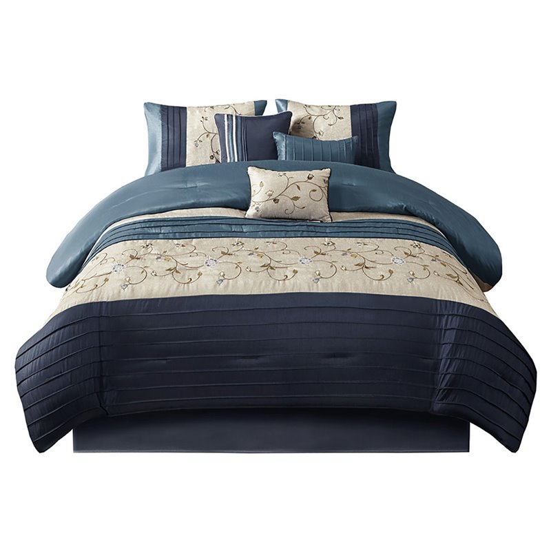 Madison Park Serene 7-Piece 100 Percent Polyester Polyoni Comforter Set in Navy