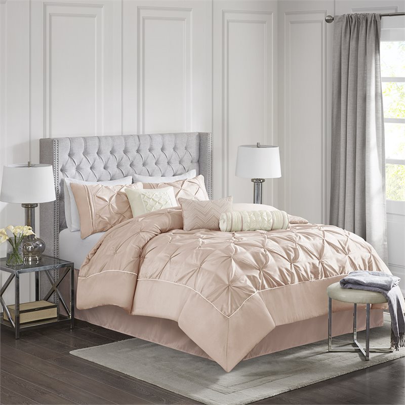 Madison Park Laurel 7-Piece Polyester Pieced Pleated Comforter Set in Pink