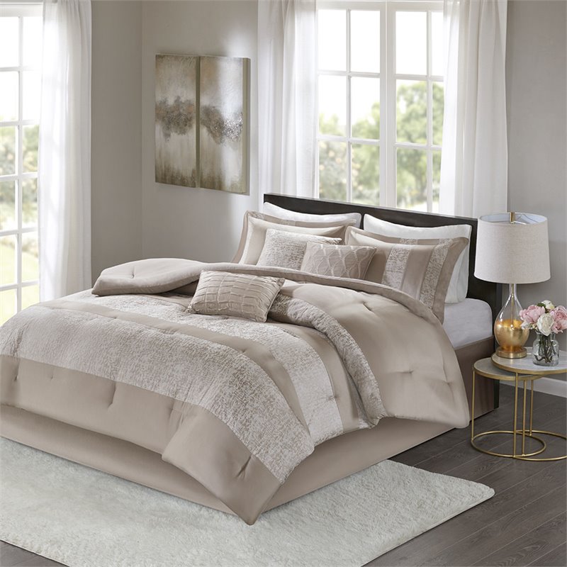 Madison Park Ava 7-Piece Polyester Chenille Pieced Comforter Set in Beige